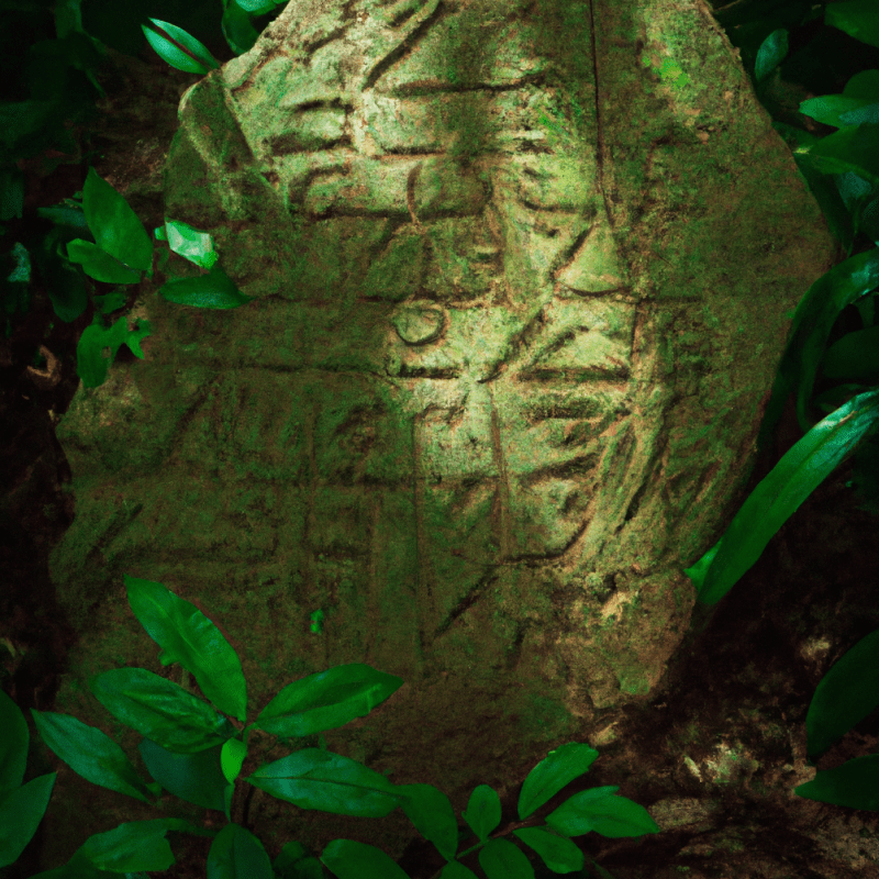 A large stone covered in symbols surrounded by forest leaves.